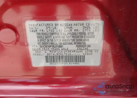 2019 Nissan Versa 1.6 Sv from USA, damaged, VIN 3N1CN7AP1KL814881